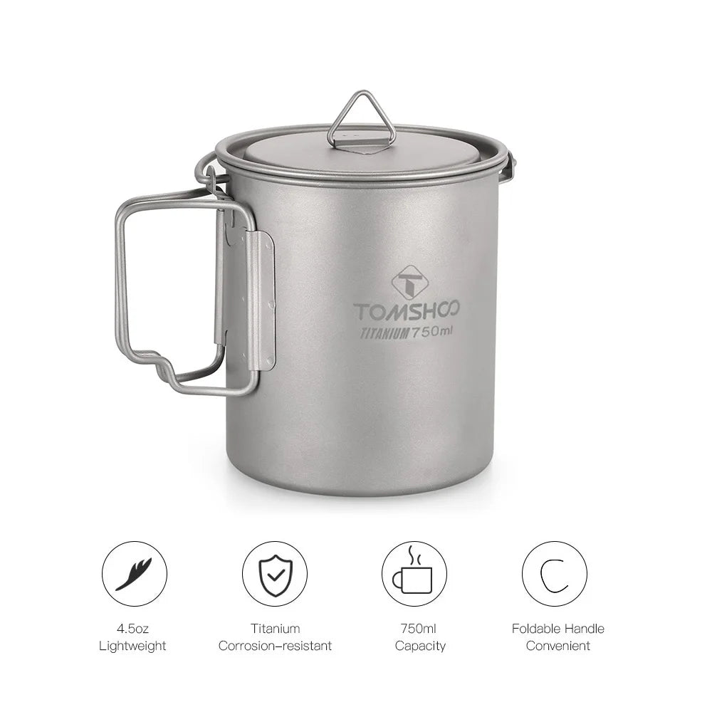 Tomshoo Ultralight 750ml Titanium Pot Portable Titanium Water Mug Cup w/ Lid Foldable Handle Outdoor Camping Picnic Supplies