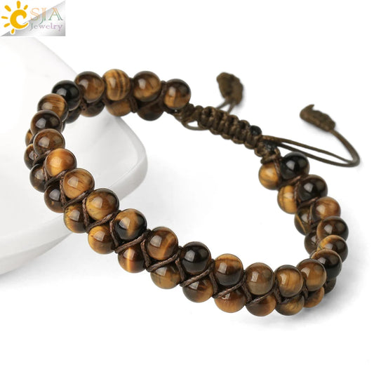 CSJA Natural Stone Bracelet for Men Women Handmade Double Layers Healing Tiger eye Amethysts Crystal Bead Bangle Bracelets G397