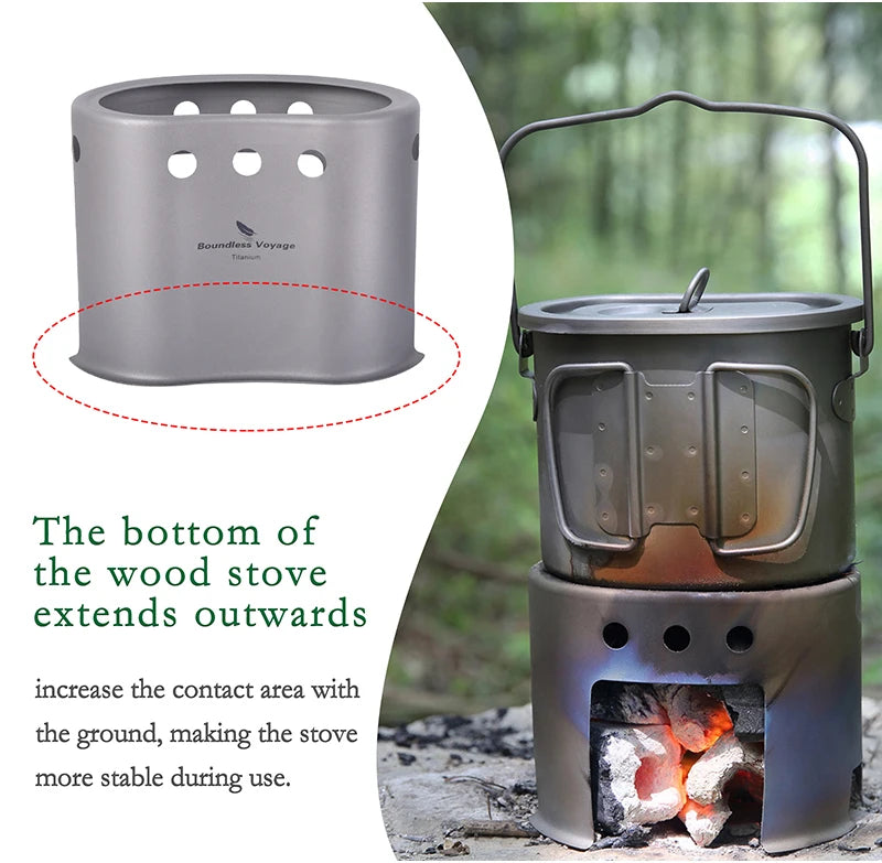 Boundless Voyage 2 in 1 Camping Titanium Pot Wood Stove Set 800ml Canteen Cup Outdoor Solo Cookware Mess Kit for 1 Man