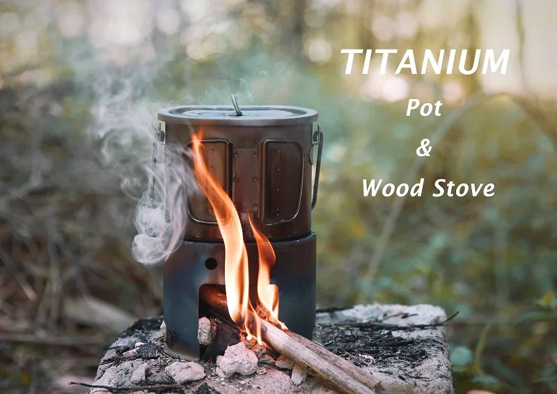 Boundless Voyage 2 in 1 Camping Titanium Pot Wood Stove Set 800ml Canteen Cup Outdoor Solo Cookware Mess Kit for 1 Man
