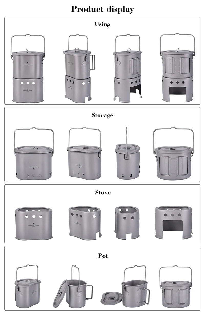 Boundless Voyage 2 in 1 Camping Titanium Pot Wood Stove Set 800ml Canteen Cup Outdoor Solo Cookware Mess Kit for 1 Man