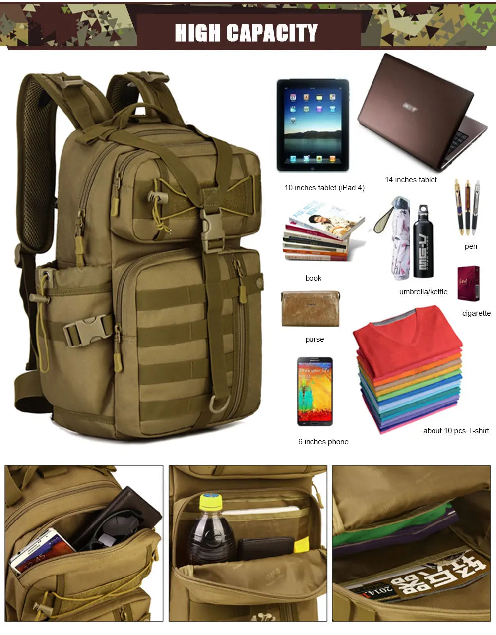 Large Capacity Tactics Backpack Nylon Water-proof Men Multifunctional Hike Camp Travel Bags Mochila