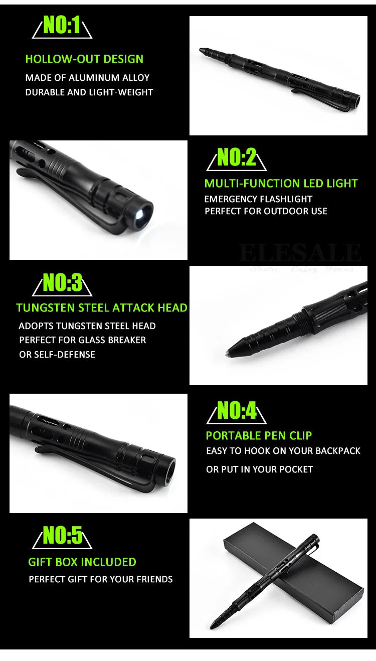 New Tactical Pen With Emergency Flash light, Glass Breaker Self Defense Supplies