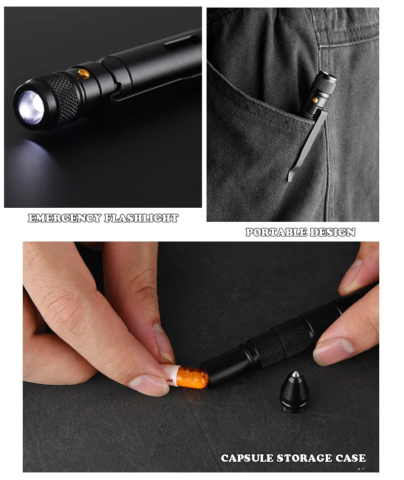 5-In-1 Portable Tactical Pen Flashlight Emergency Glass Breaker Waterproof Storage Case Outdoor Self Defense Rescue EDC Tool