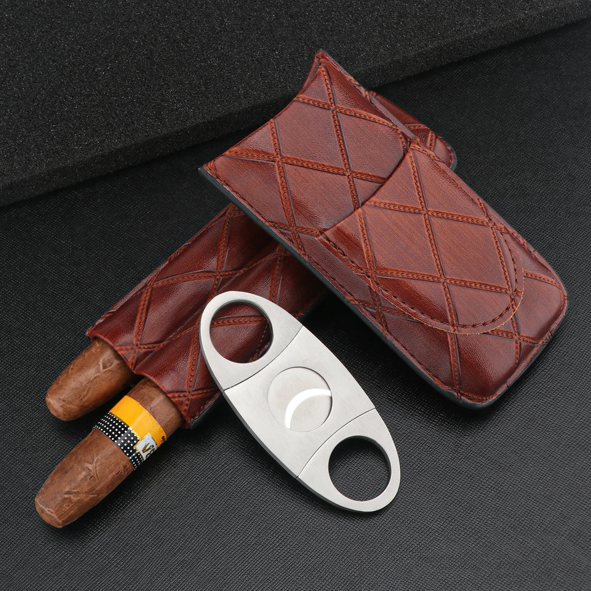 Xifei 2 Slots Leather Cigar Case Set Portable Humidor Box W/ Stainless Steel Cutter Travel Smoking Cigarette Storage Accessories