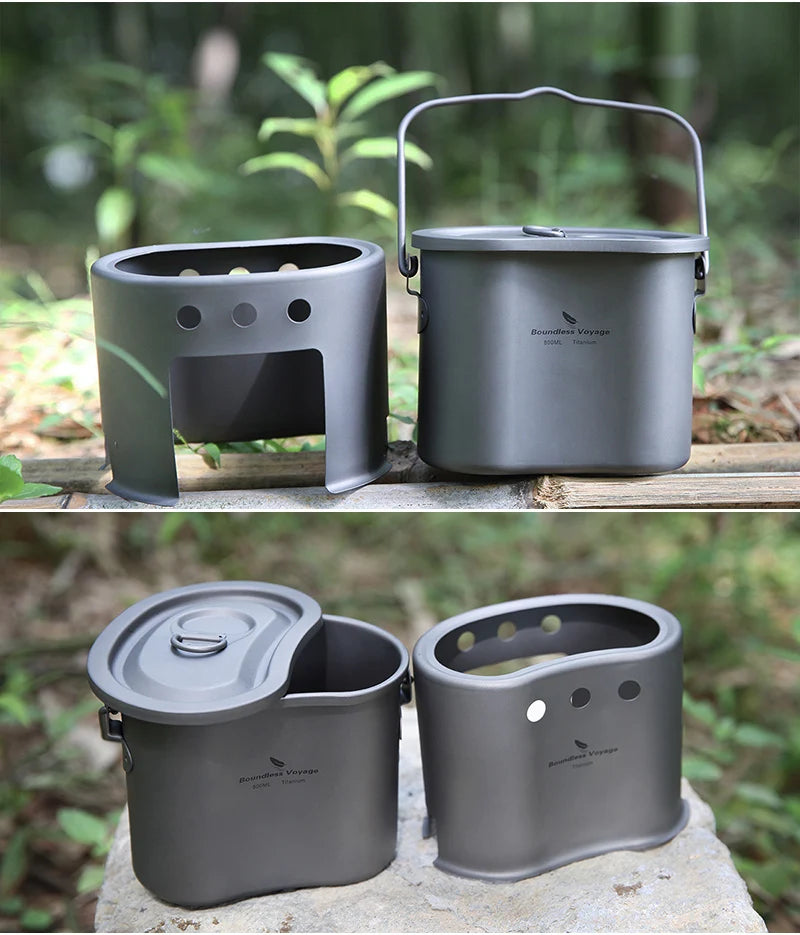 Boundless Voyage 2 in 1 Camping Titanium Pot Wood Stove Set 800ml Canteen Cup Outdoor Solo Cookware Mess Kit for 1 Man