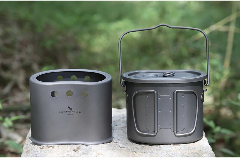 Boundless Voyage 2 in 1 Camping Titanium Pot Wood Stove Set 800ml Canteen Cup Outdoor Solo Cookware Mess Kit for 1 Man