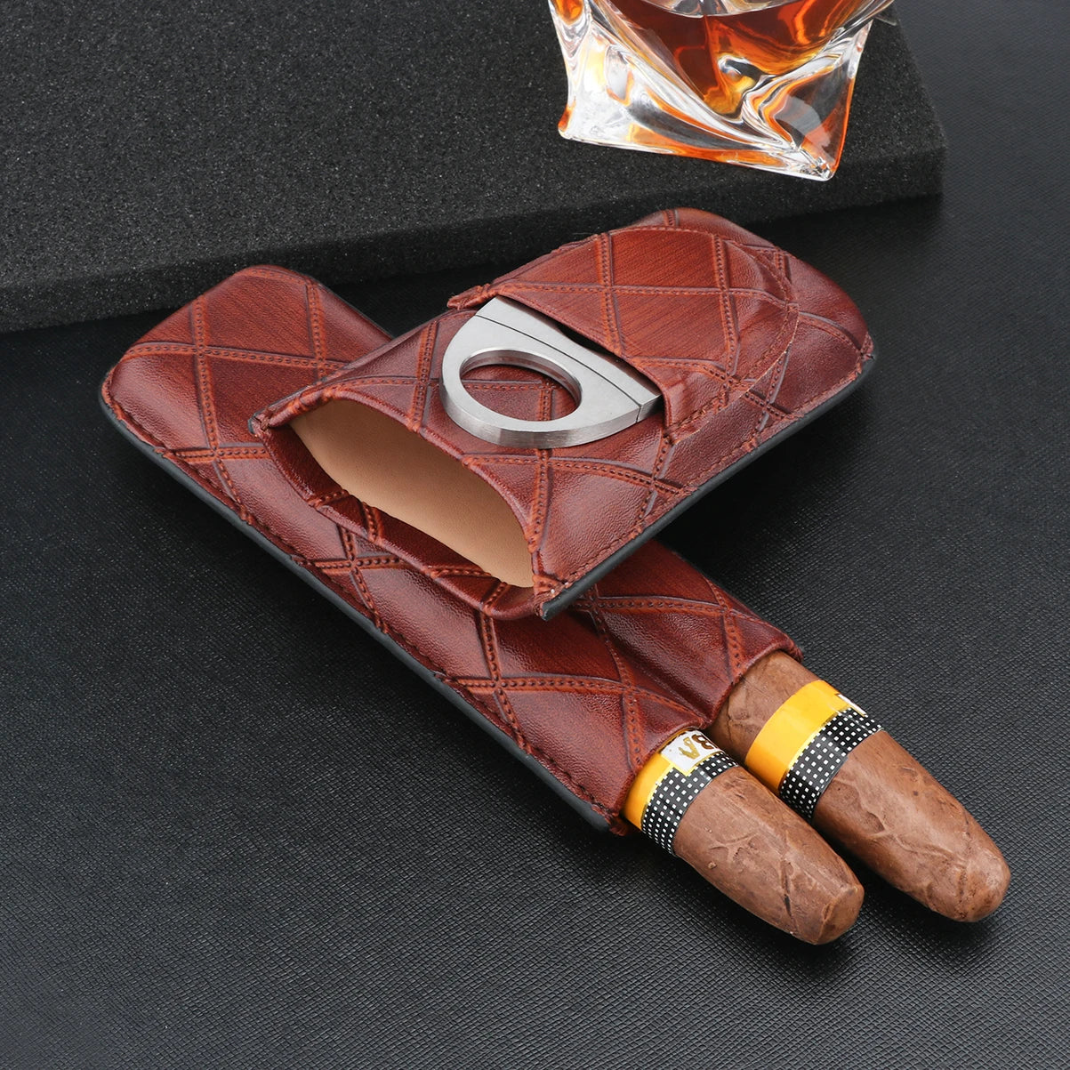 Xifei 2 Slots Leather Cigar Case Set Portable Humidor Box W/ Stainless Steel Cutter Travel Smoking Cigarette Storage Accessories
