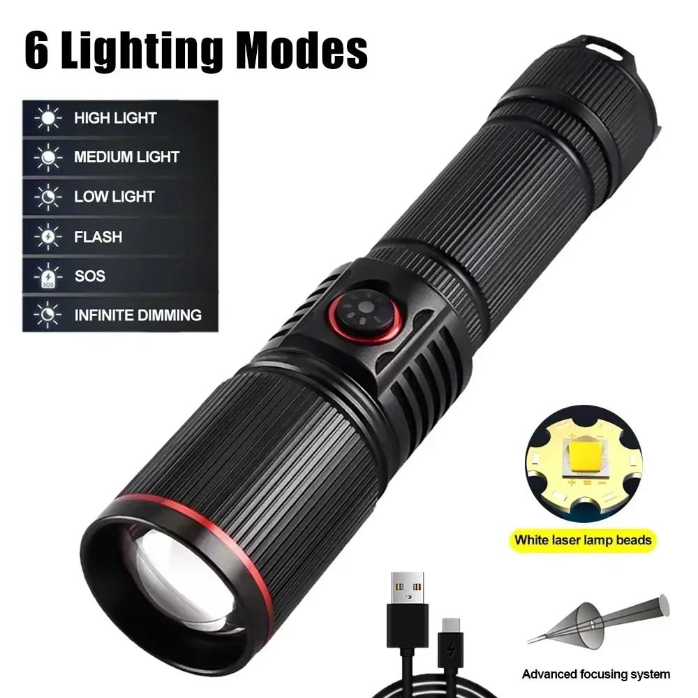 30W High Bright LED Flashlight High Power Type C Rechargeable Zoom Torch Camping Outdoor Hunting Fishing Walking Lighting Lamp