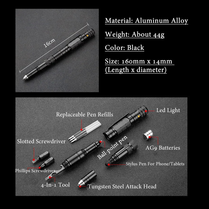 Military Tactical Pen, 6-in-1 Self Defense Pen LED Flash light