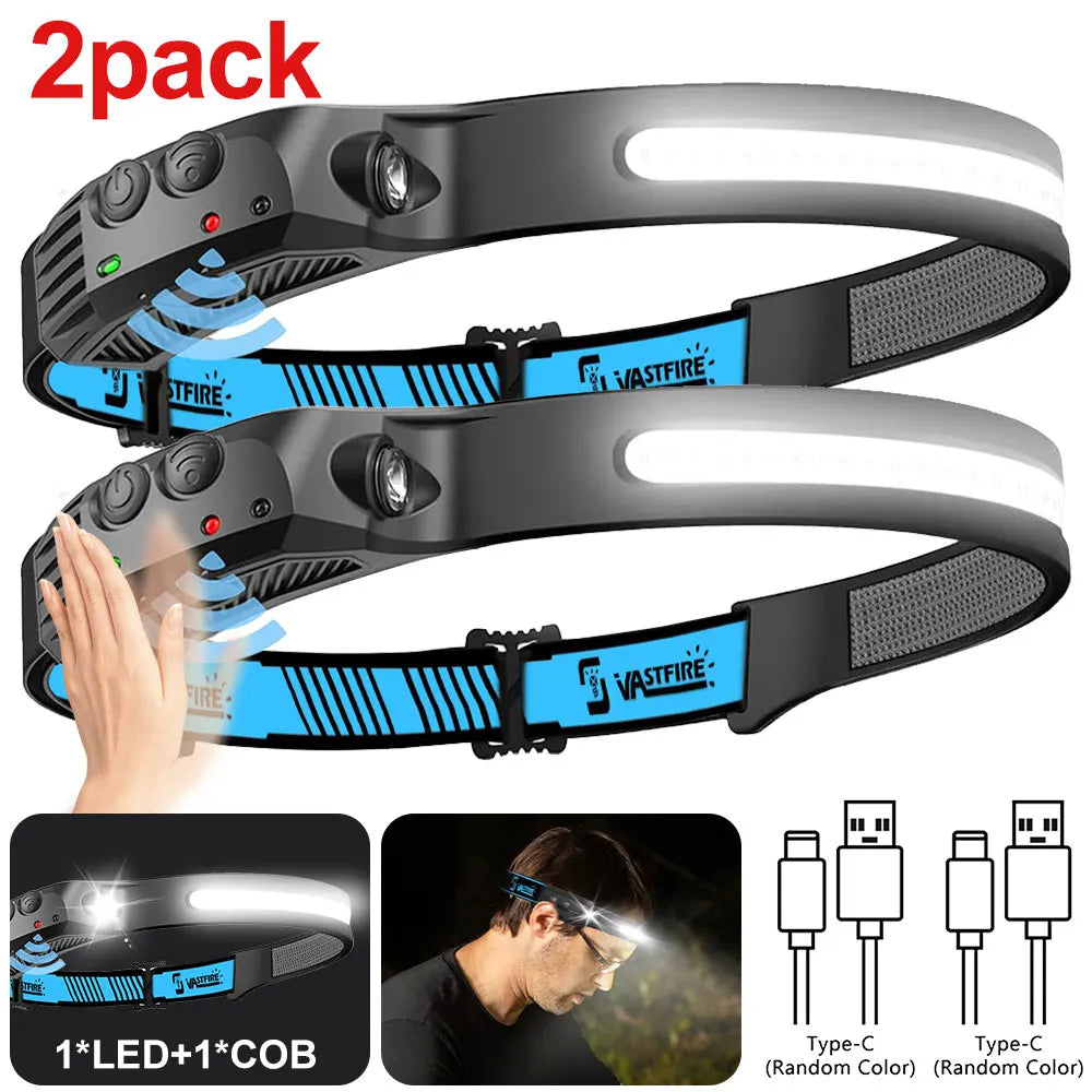 Induction Headlamp COB+LED Headlamp Built in Battery USB Rechargeable Outdoor Waterproof Camping Fishing Work Lantern 