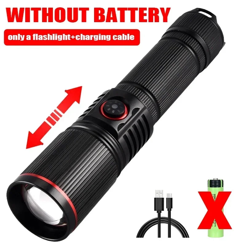 30W High Bright LED Flashlight High Power Type C Rechargeable Zoom Torch Camping Outdoor Hunting Fishing Walking Lighting Lamp