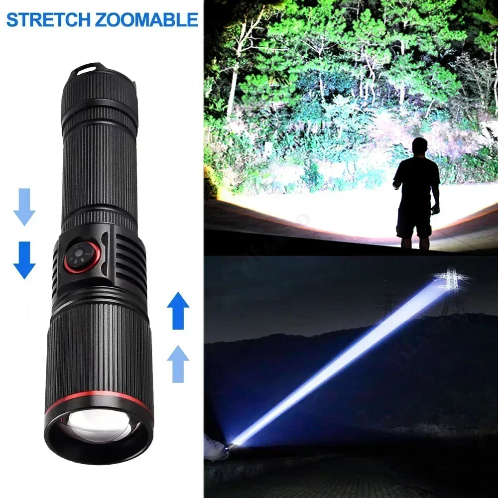 30W High Bright LED Flashlight High Power Type C Rechargeable Zoom Torch Camping Outdoor Hunting Fishing Walking Lighting Lamp