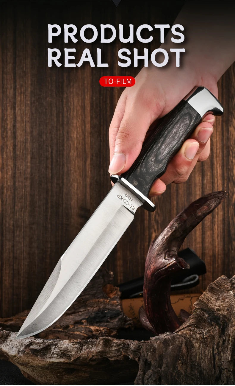 1Pc Ultra-Durable Stainless Steel Knife with Ergonomic Wooden Handle, Includes Portable Black Sheath - Perfect for Camping