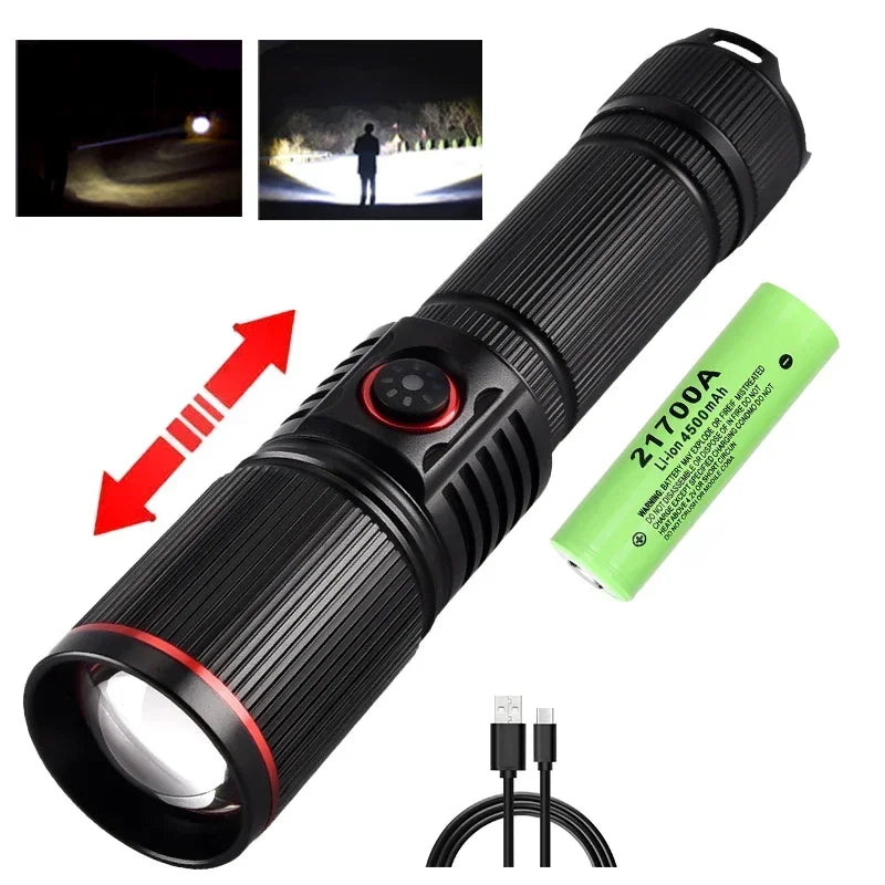 30W High Bright LED Flashlight High Power Type C Rechargeable Zoom Torch Camping Outdoor Hunting Fishing Walking Lighting Lamp