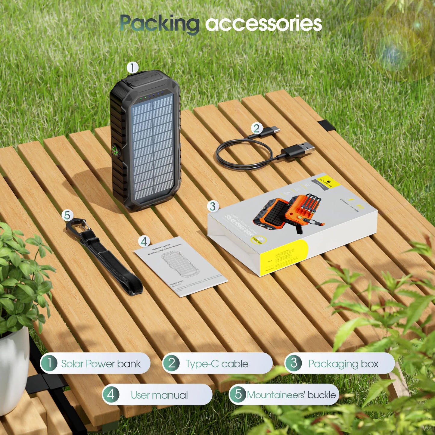 Hand Crank Solar Power Bank 20000mAh Waterproof Portable 22.5W Fast Charger Powerbank for iPhone Samsung Xiaomi External Battery