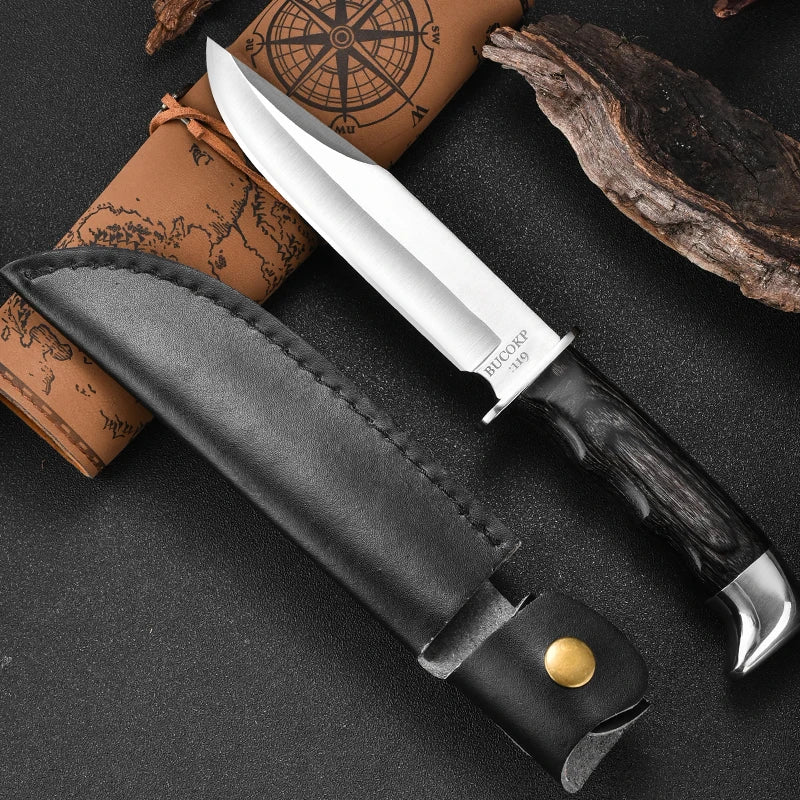 1Pc Ultra-Durable Stainless Steel Knife with Ergonomic Wooden Handle, Includes Portable Black Sheath - Perfect for Camping