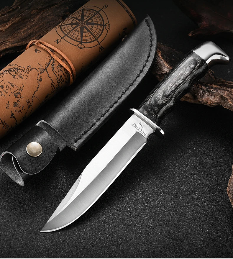 1Pc Ultra-Durable Stainless Steel Knife with Ergonomic Wooden Handle, Includes Portable Black Sheath - Perfect for Camping