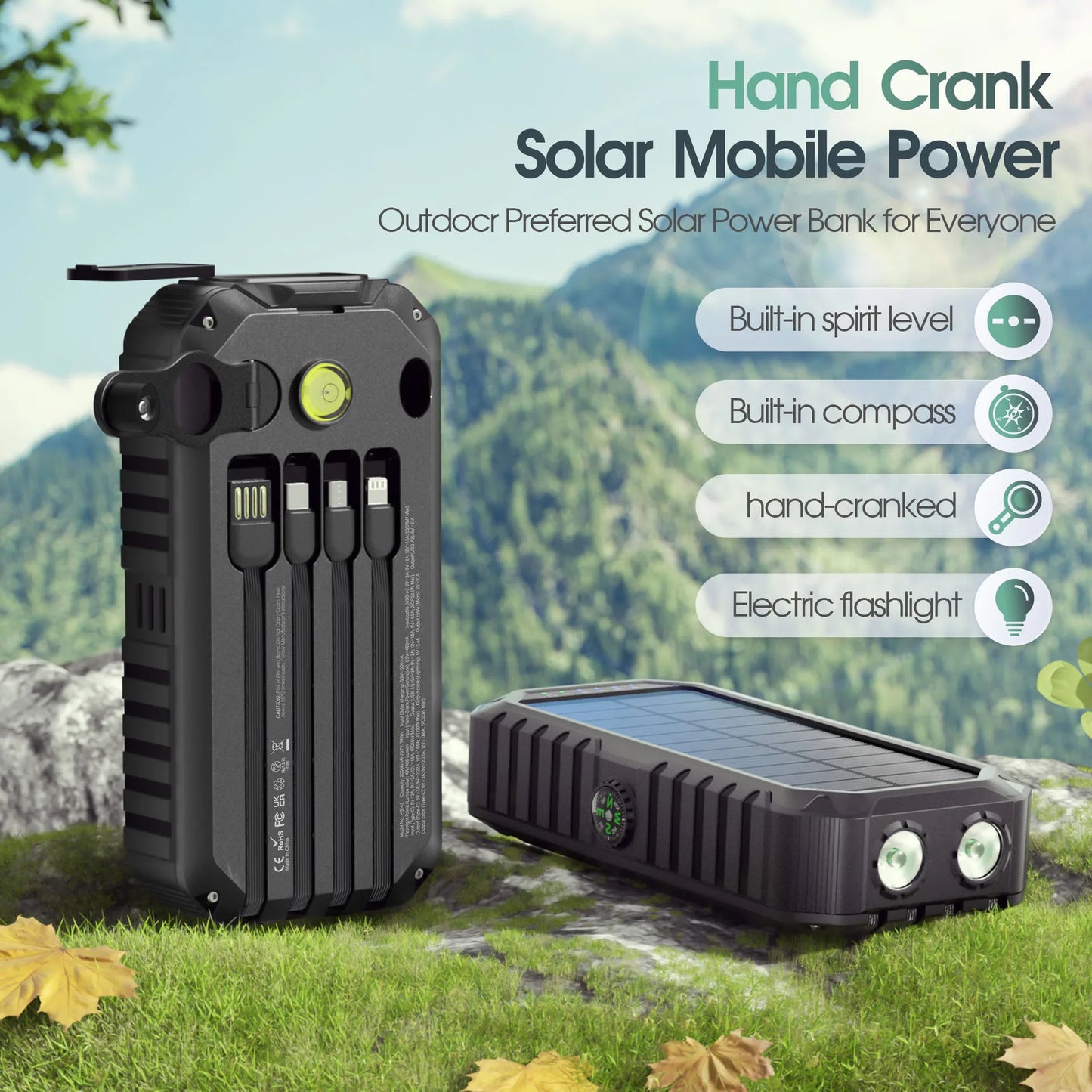 Hand Crank Solar Power Bank 20000mAh Waterproof Portable 22.5W Fast Charger Powerbank for iPhone Samsung Xiaomi External Battery