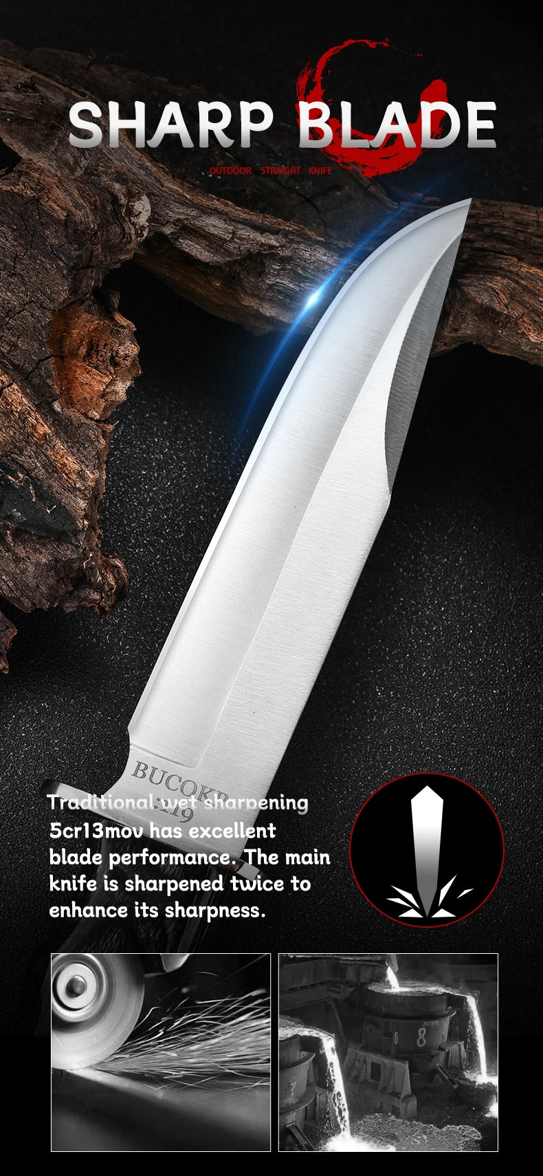 1Pc Ultra-Durable Stainless Steel Knife with Ergonomic Wooden Handle, Includes Portable Black Sheath - Perfect for Camping
