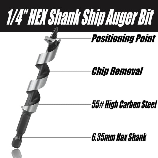 HEDA 5Pcs 5/6/8/10/12mm Woodworking Ship Auger Drill Bit Set 1/4'' Hex Quick Change Shank HCS For Soft Hard Wood Hole Saw