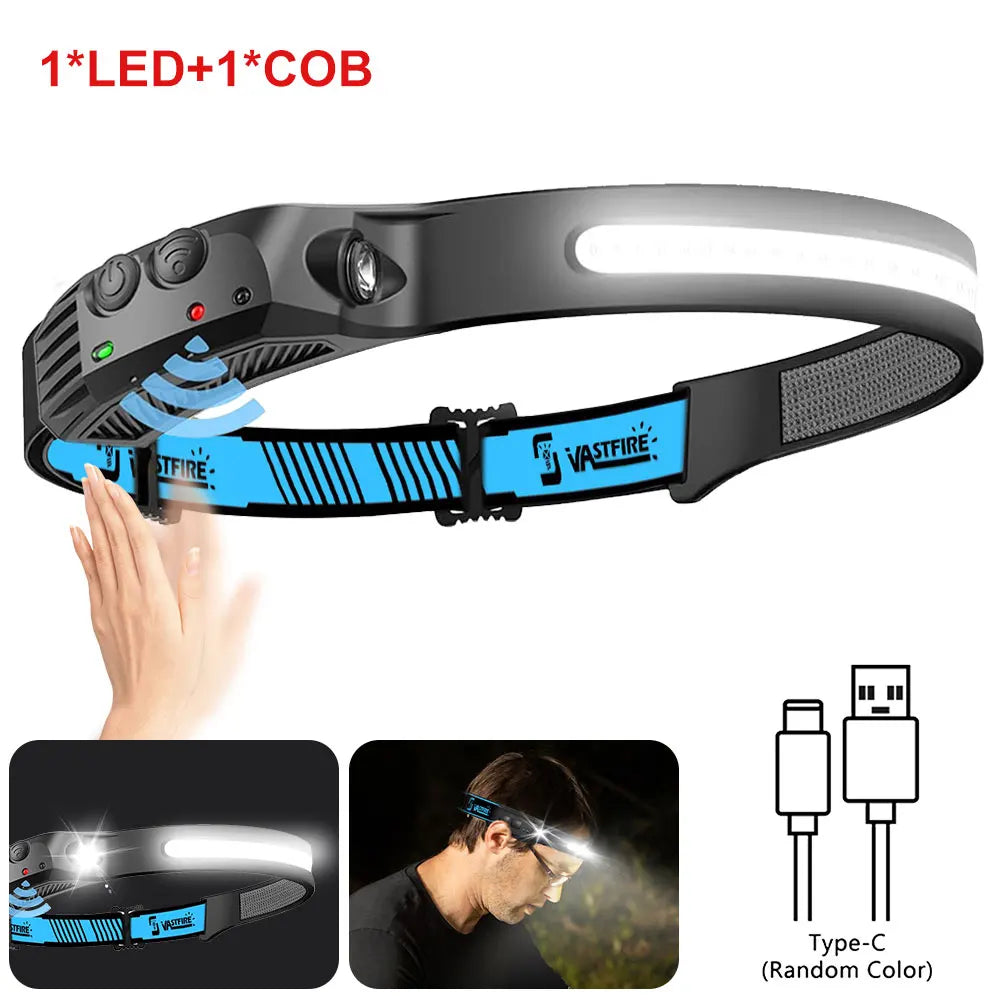 Induction Headlamp COB+LED Headlamp Built in Battery USB Rechargeable Outdoor Waterproof Camping Fishing Work Lantern 