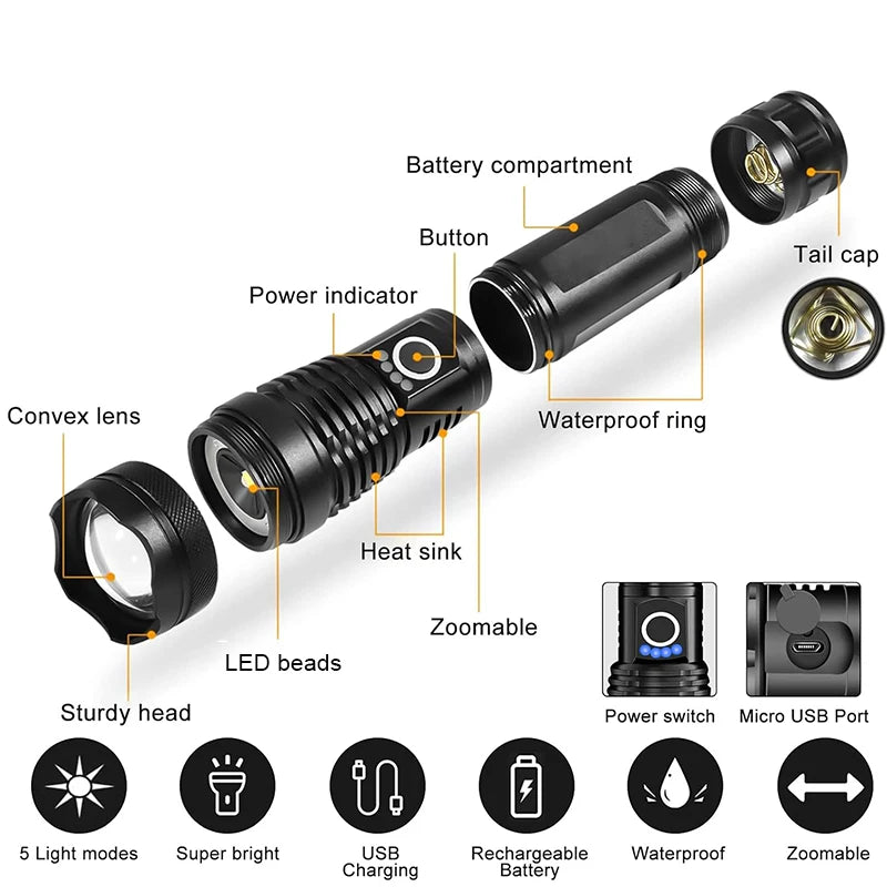 High Power Rechargeable LED Tactical Flashlight  Aluminum Alloy Telescopic Zoom Torch Lamp for Outdoor Camping Fishing