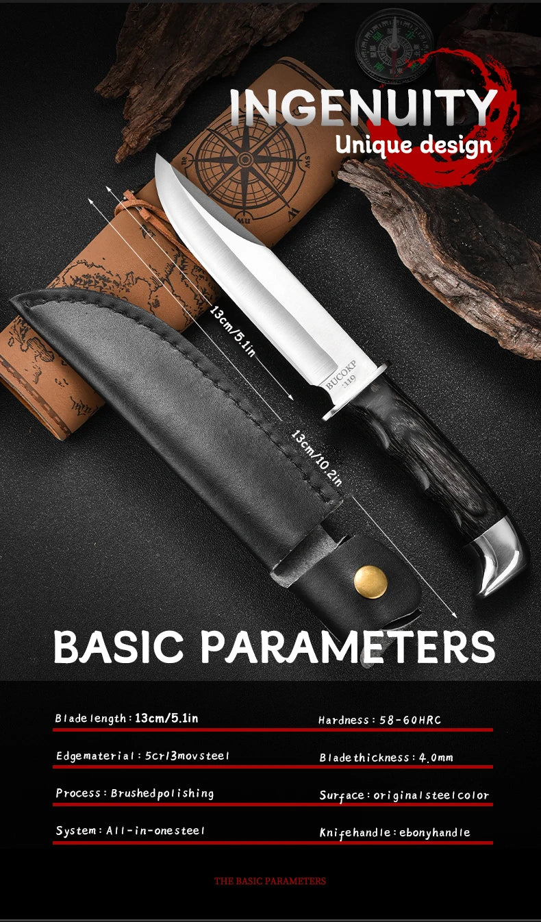 1Pc Ultra-Durable Stainless Steel Knife with Ergonomic Wooden Handle, Includes Portable Black Sheath - Perfect for Camping
