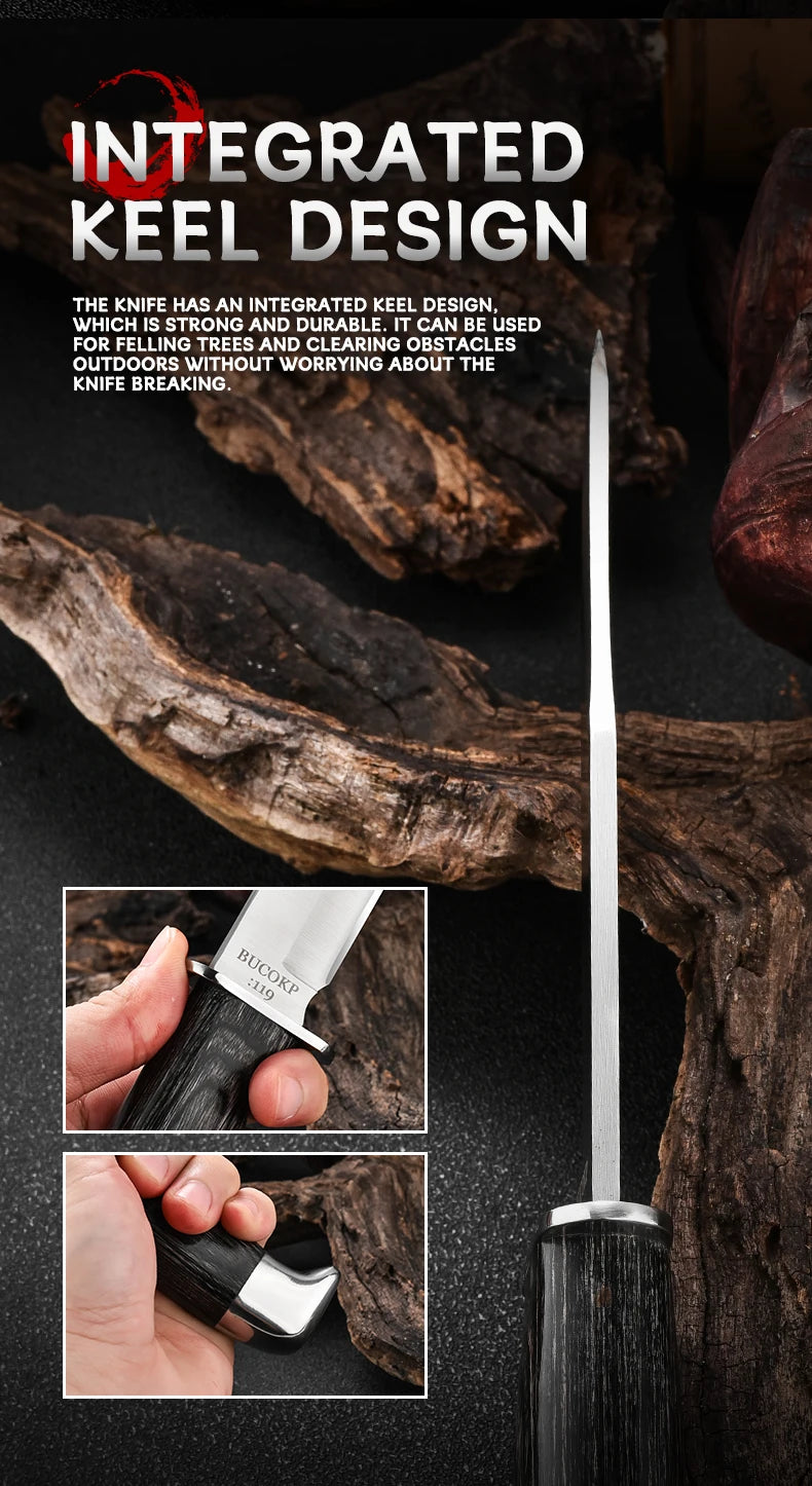 1Pc Ultra-Durable Stainless Steel Knife with Ergonomic Wooden Handle, Includes Portable Black Sheath - Perfect for Camping