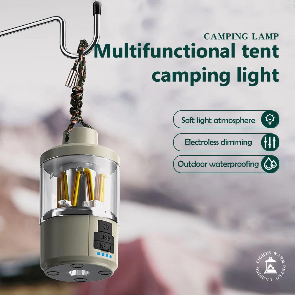 LED Rechargeable Flashlight Camping Lantern 5 Modes Super Bright Portable Hanging Tent Lamp Waterproof Hiking Fishing Outdoor
