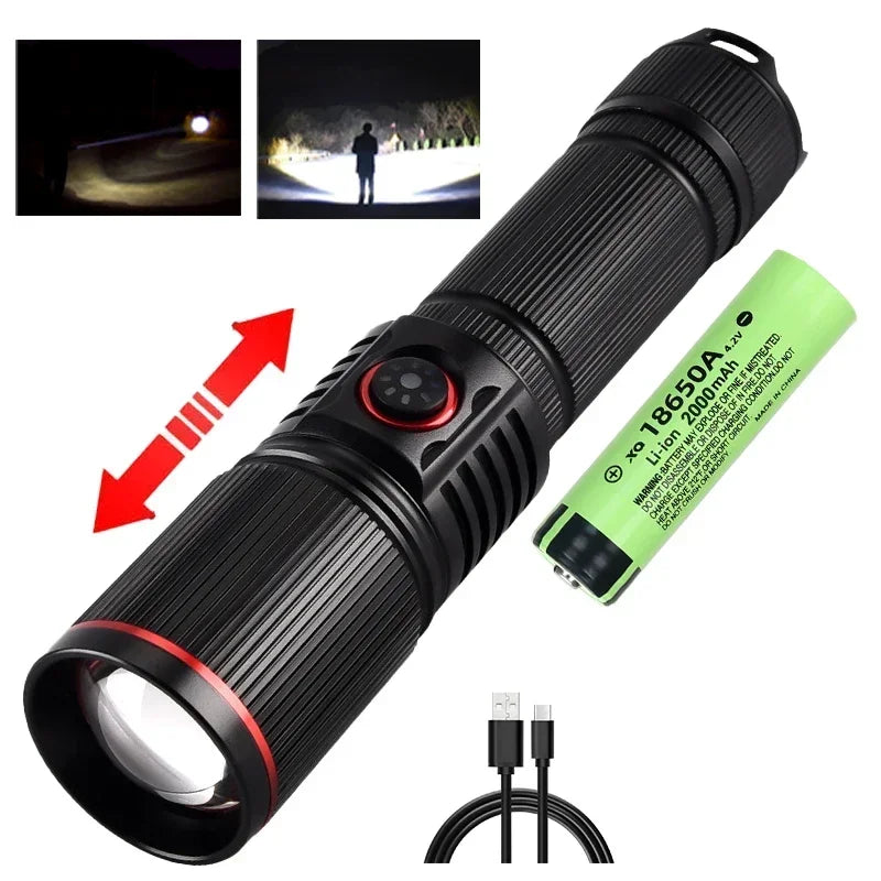 30W High Bright LED Flashlight High Power Type C Rechargeable Zoom Torch Camping Outdoor Hunting Fishing Walking Lighting Lamp