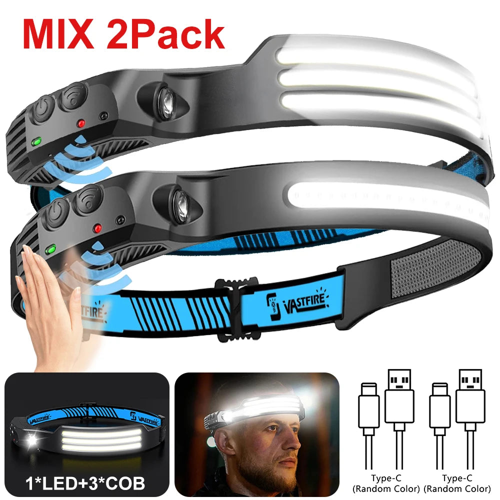 Induction Headlamp COB+LED Headlamp Built in Battery USB Rechargeable Outdoor Waterproof Camping Fishing Work Lantern 