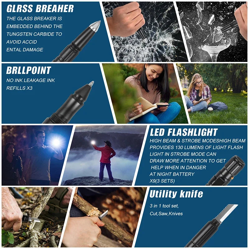 Military Tactical Pen, 6-in-1 Self Defense Pen LED Flash light
