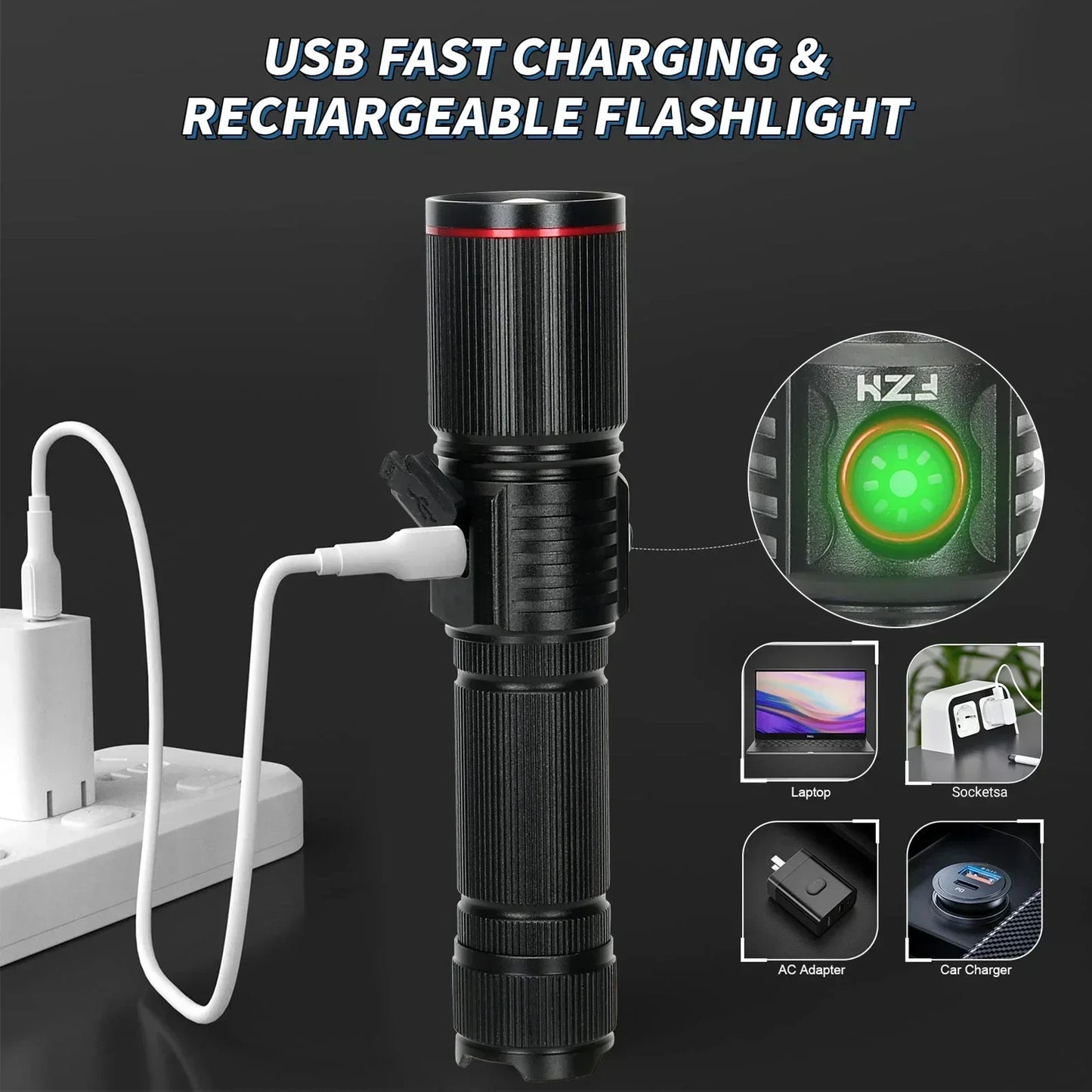 30W High Bright LED Flashlight High Power Type C Rechargeable Zoom Torch Camping Outdoor Hunting Fishing Walking Lighting Lamp