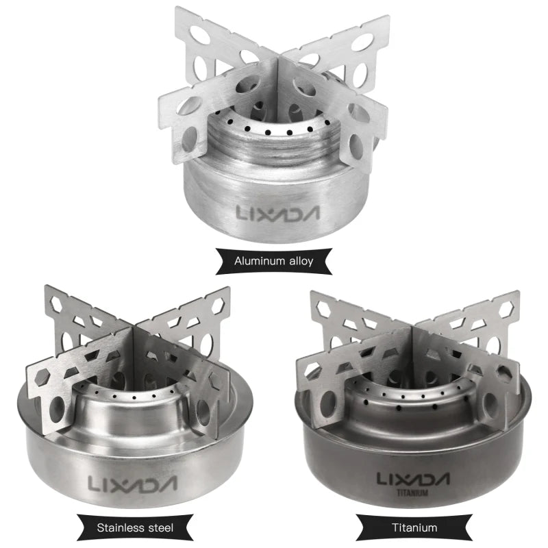 Lixada Outdoor Mini Alcohol Stove Titanium/Stainless Steel Camping Furnace with Cross Stand Stove Rack Picnic Pocket Stove