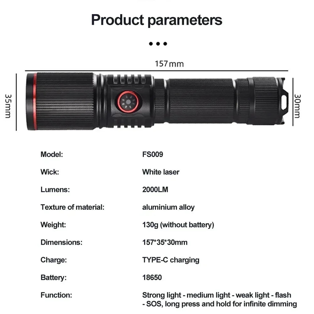 30W High Bright LED Flashlight High Power Type C Rechargeable Zoom Torch Camping Outdoor Hunting Fishing Walking Lighting Lamp