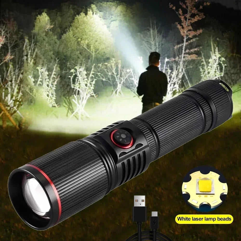 30W High Bright LED Flashlight High Power Type C Rechargeable Zoom Torch Camping Outdoor Hunting Fishing Walking Lighting Lamp