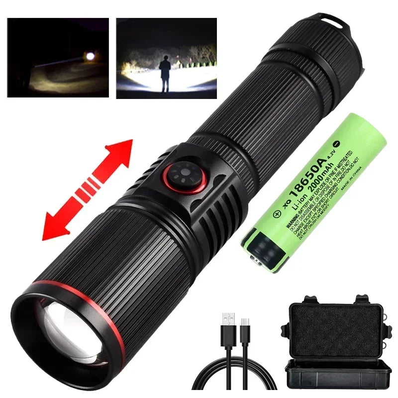 30W High Bright LED Flashlight High Power Type C Rechargeable Zoom Torch Camping Outdoor Hunting Fishing Walking Lighting Lamp