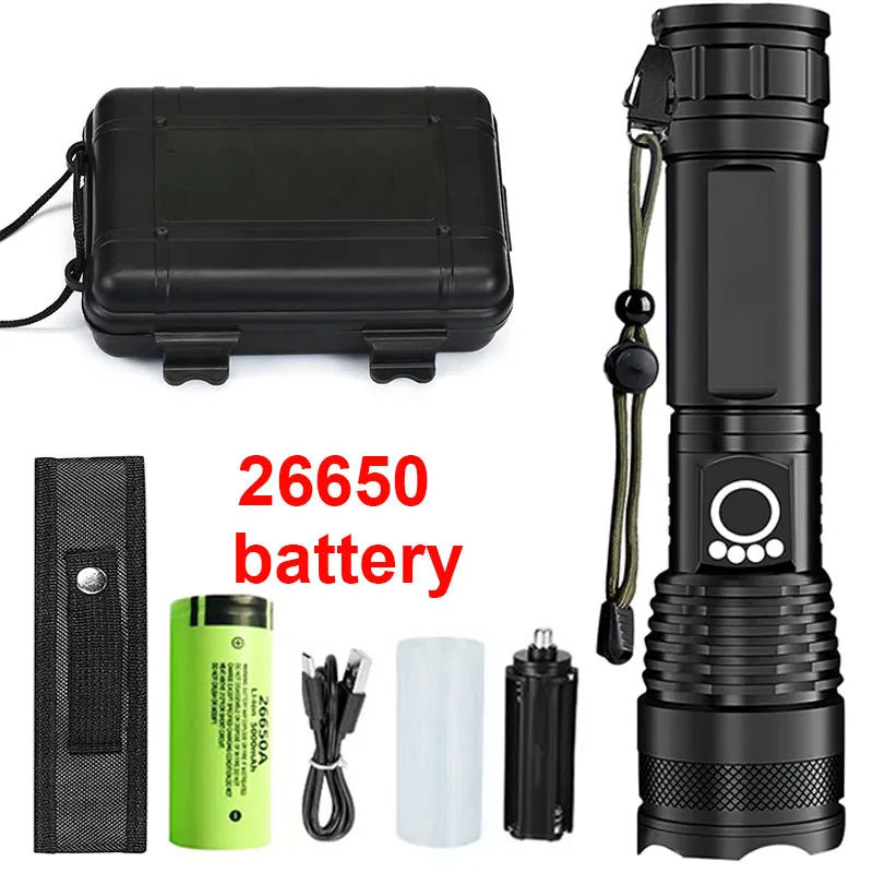 High Power Rechargeable LED Tactical Flashlight Aluminum Alloy Telescopic Zoom Torch Lamp for Outdoor Camping Fishing