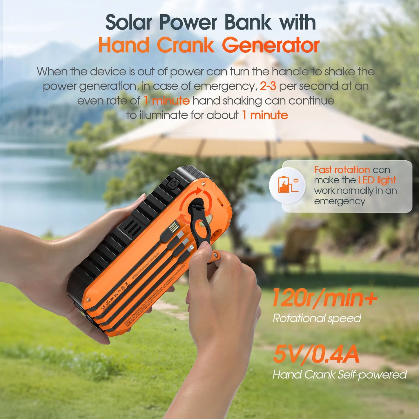 Hand Crank Solar Power Bank 20000mAh Waterproof Portable 22.5W Fast Charger Powerbank for iPhone Samsung Xiaomi External Battery