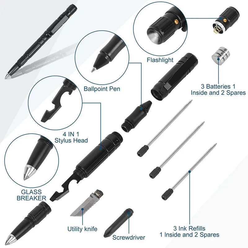 Military Tactical Pen, 6-in-1 Self Defense Pen LED Flash light