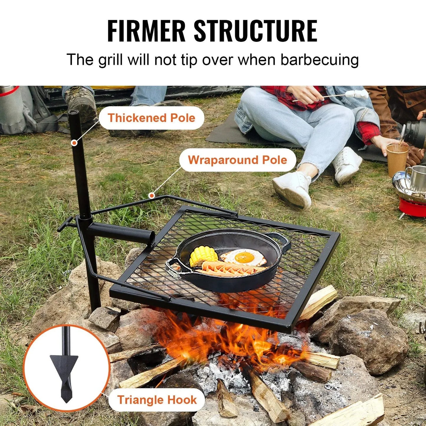 360° Swivel Campfire Grill – Heavy-Duty Steel Grate for Adjustable Open-Fire Cooking (Portable for Camping & BBQ)."