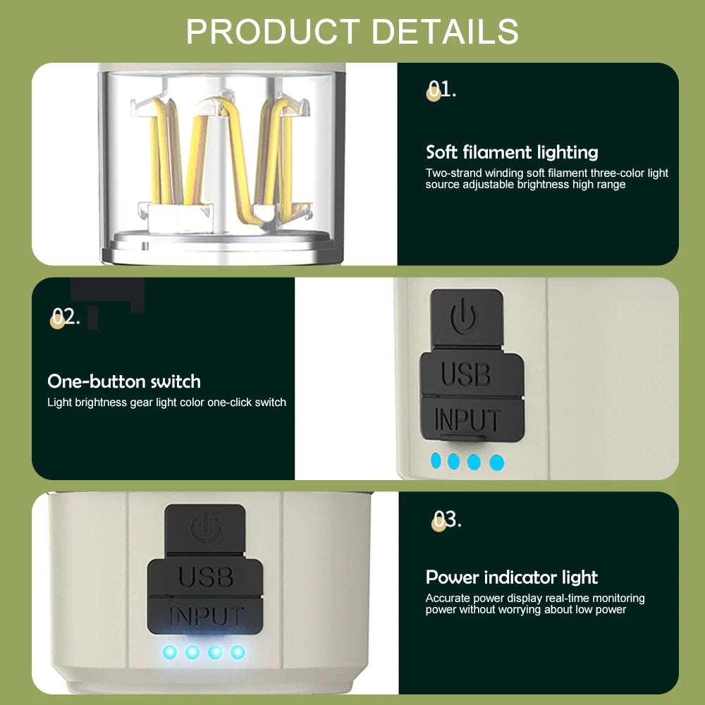 LED Rechargeable Flashlight Camping Lantern 5 Modes Super Bright Portable Hanging Tent Lamp Waterproof Hiking Fishing Outdoor