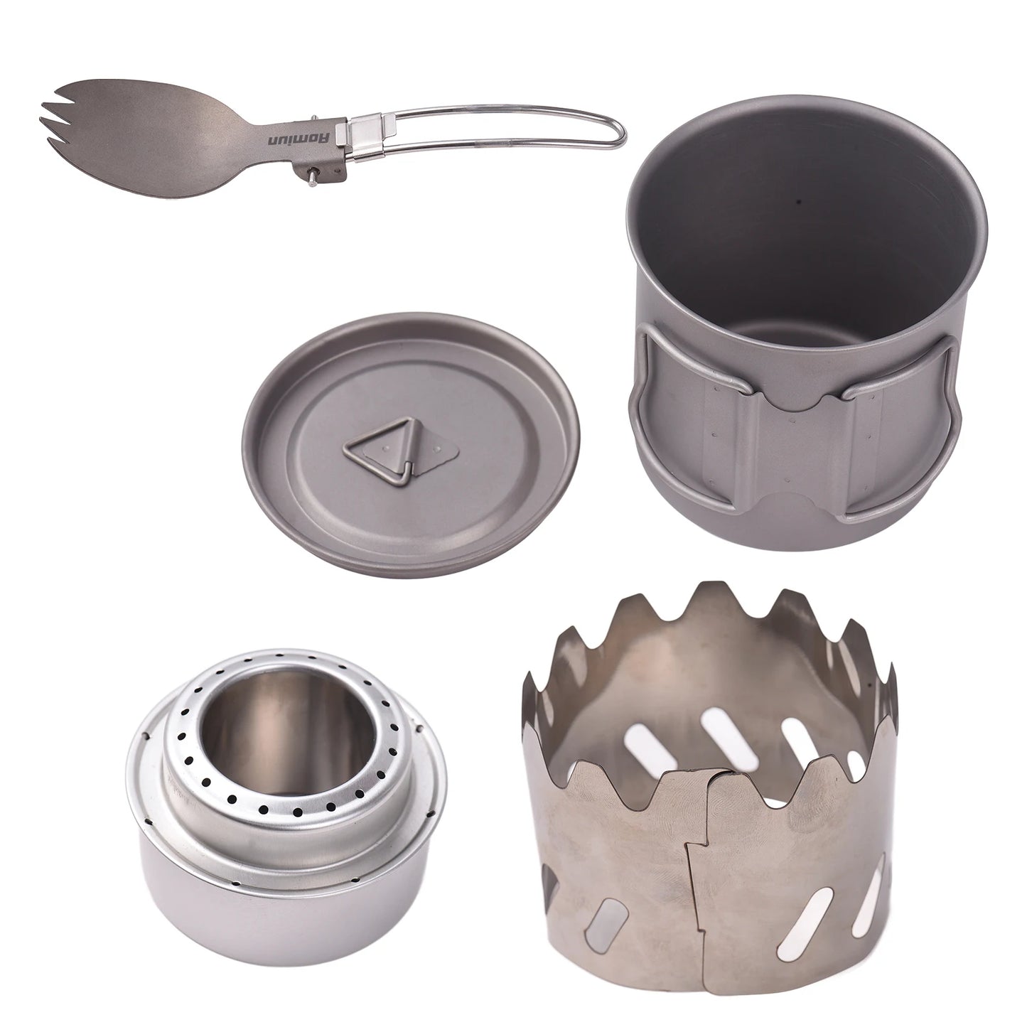 Camping Cooking Set Ti 500ml Cup Fork Spoon Alcohol Stove Windscreen Portable Camping Cook Sets for 1 People