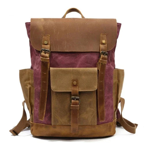 MUCHUAN Oil Wax Canvas Cow Leather Backpacks Unisex Waterproof Rucksacks 15" Laptops Daypacks Large Capacity Vintage Mochilas
