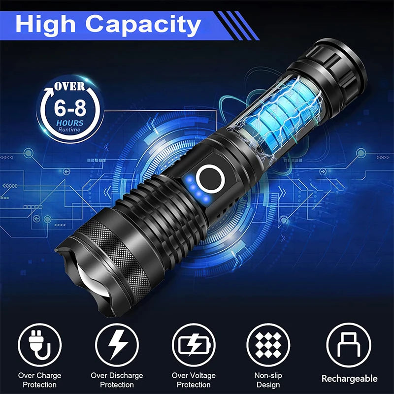 High Power Rechargeable LED Tactical Flashlight  Aluminum Alloy Telescopic Zoom Torch Lamp for Outdoor Camping Fishing
