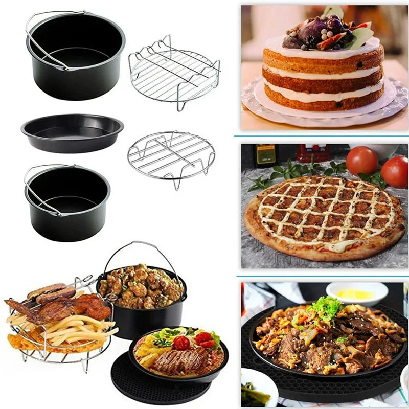 Non-Stick Air Fryer Accessories Universal Baking Pan Cake Barrel Pizza Tray Grill Rack for Cooking Roasting Frying Kitchen Tools