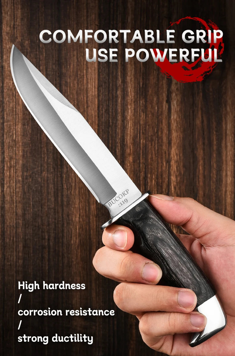 1Pc Ultra-Durable Stainless Steel Knife with Ergonomic Wooden Handle, Includes Portable Black Sheath - Perfect for Camping