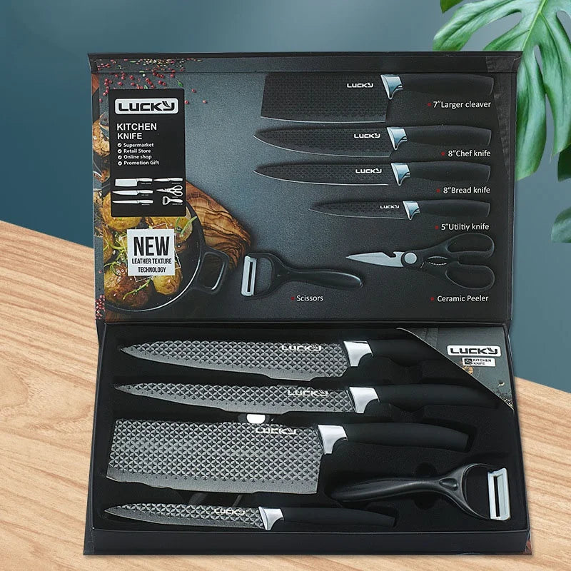 Kitchen Knives Sets Stainless Steel Forged Chef Kitchen Knife Set Scissors Vegetable Peeler Slicer Paring Knife Diamond Pattern