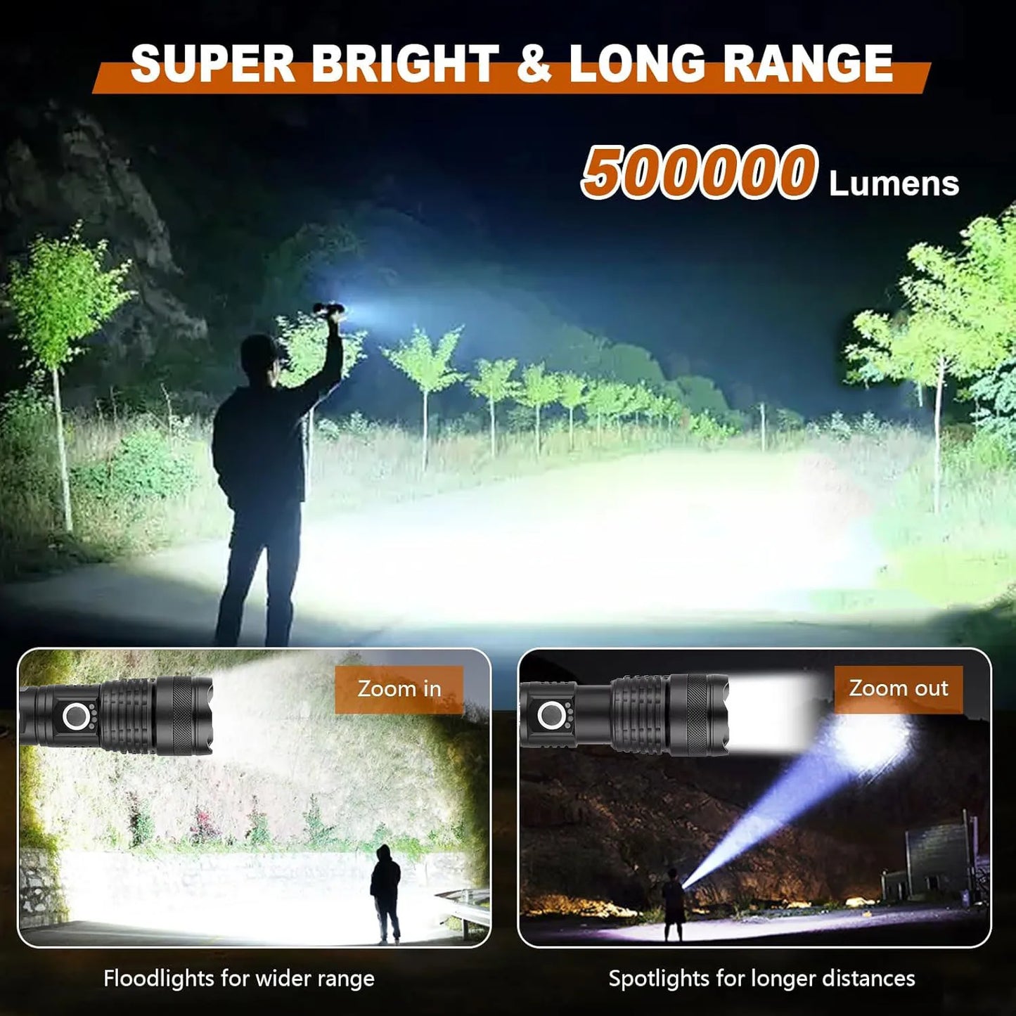 High Power Rechargeable LED Tactical Flashlight Aluminum Alloy Telescopic Zoom Torch Lamp for Outdoor Camping Fishing